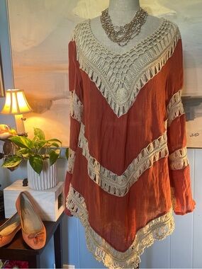 Umgee Rust Tunic with Cream Crochet Trim
